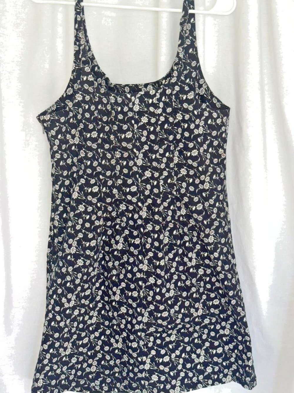 Black & White Floral Women's Stretch Denim Mini Tank Dress Fitted Bodice Size 8